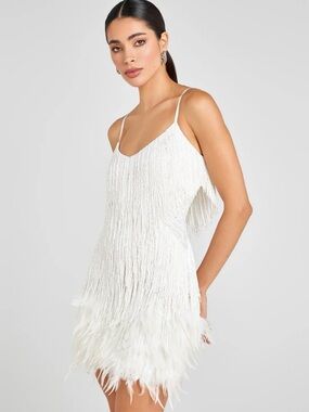 NADINE MERABI White Beaded Fringe Mini Dress with Feather Hem